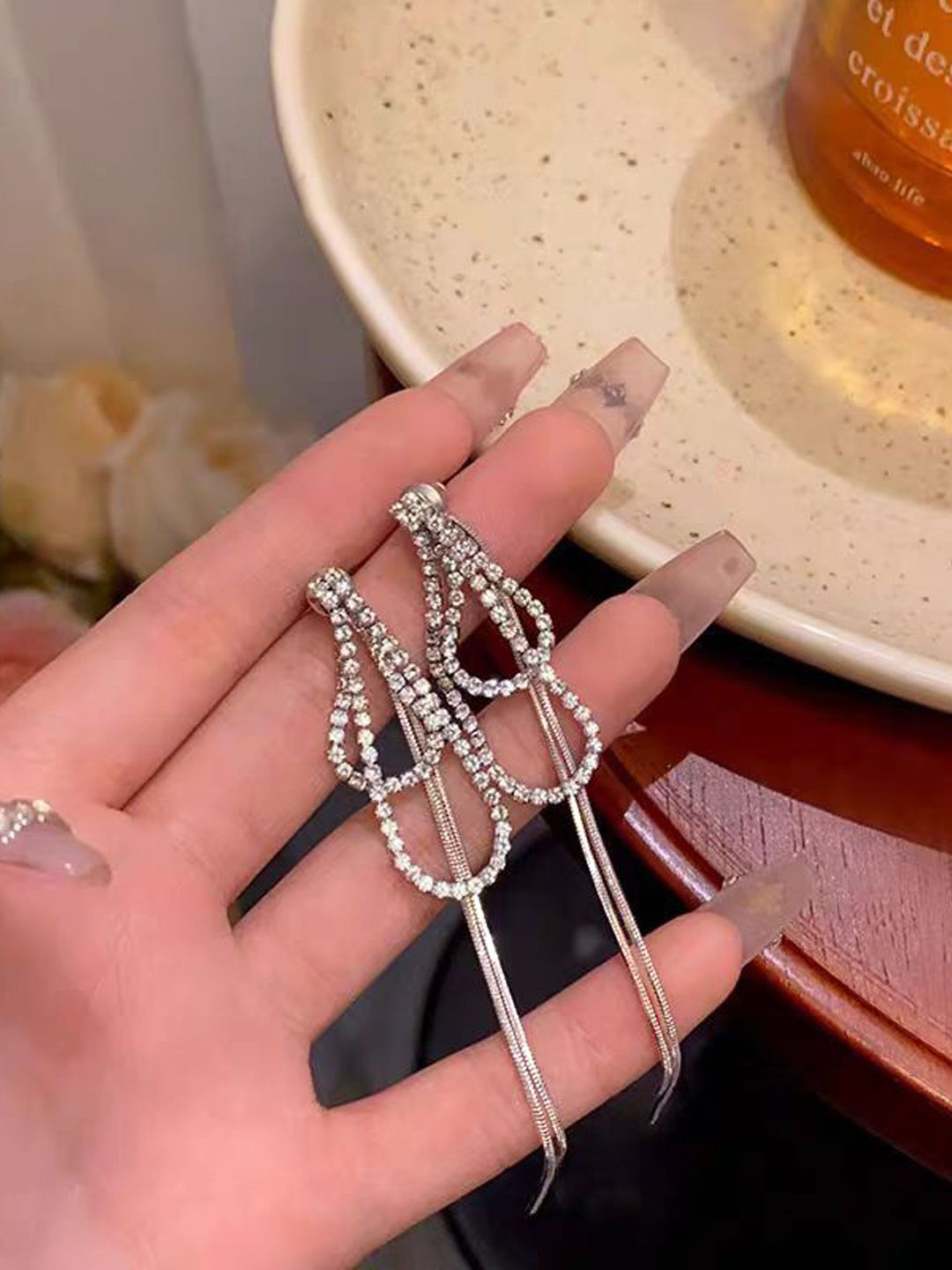 Krelin Silver-Plated Rhinestone Teardrop Shaped Tasselled Drop Earrings