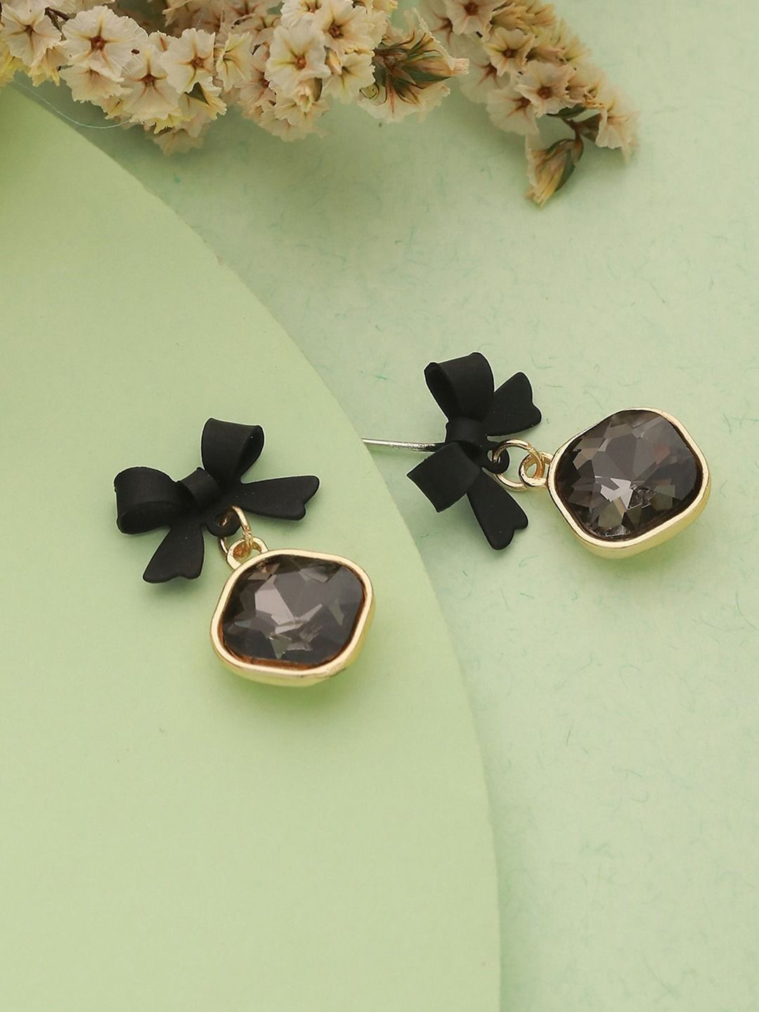 KRENOZ Gold-Plated Crystal Studded Bow Shaped Drop Earrings