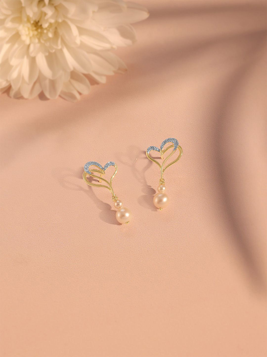 Mia by Tanishq 14KT Yellow Gold Entwined Love Pearl & Diamond Drop Earrings - 1.878gm