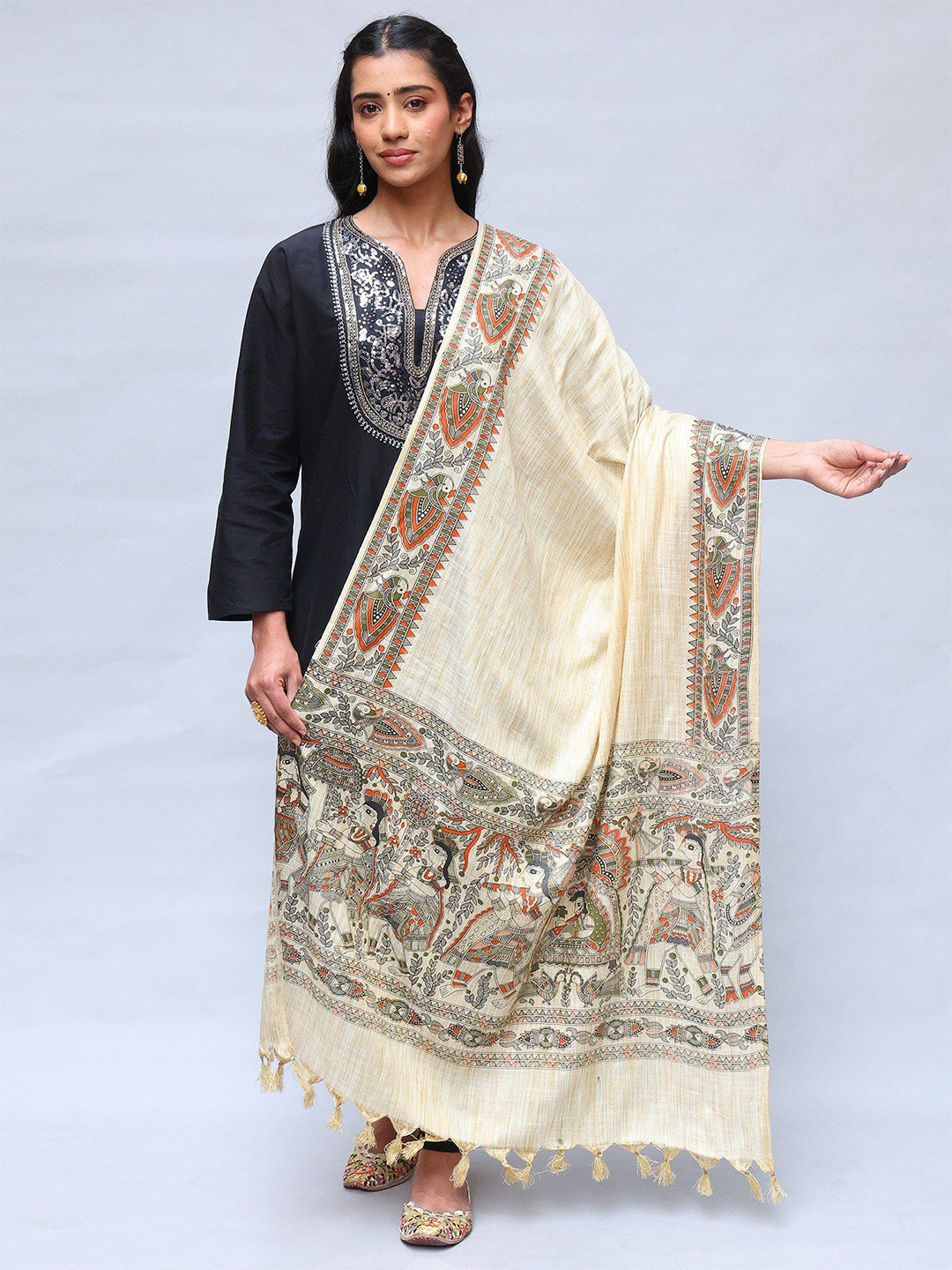 Exotic India Khadi Cotton Madhubani Art Shawl with Printed Palanquin And Peacocks Border