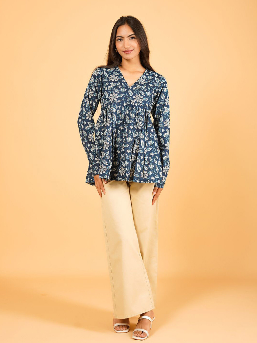 SPARSA Women Floral Print Long Sleeves Cotton Empire Top