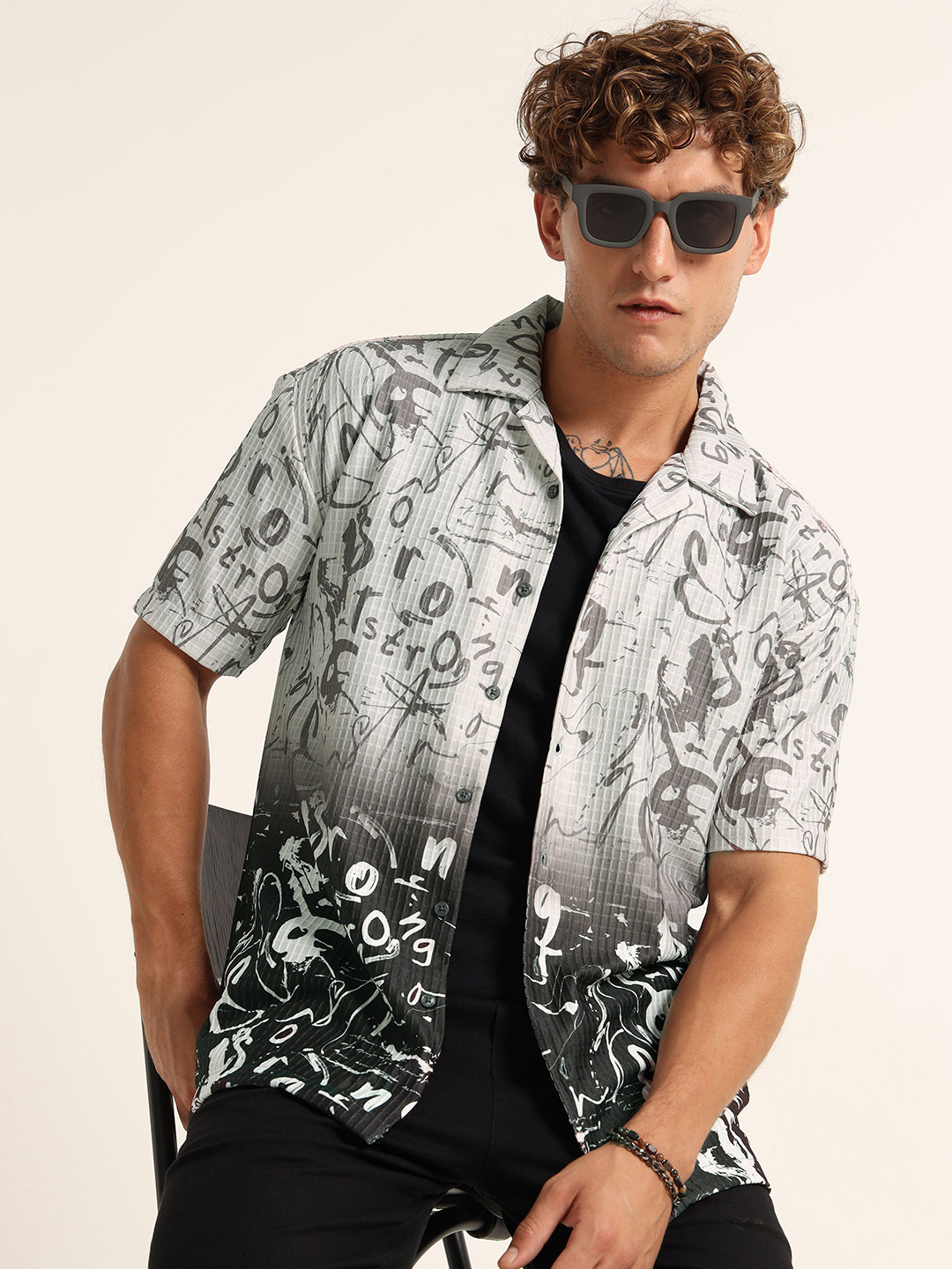 BuRegular Fit Shirt Men Graphic Printed Cuban Collar Casual Oversized Regular Fit Shirt