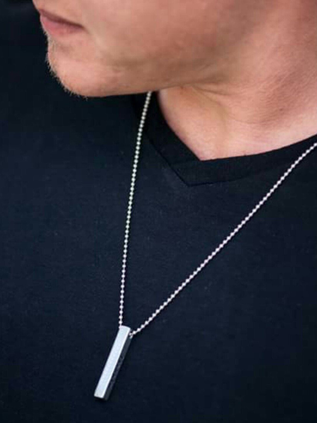shobhram Men Rhodium-Plated 3D Vertical Bar Stick Locket Pendant With Chains