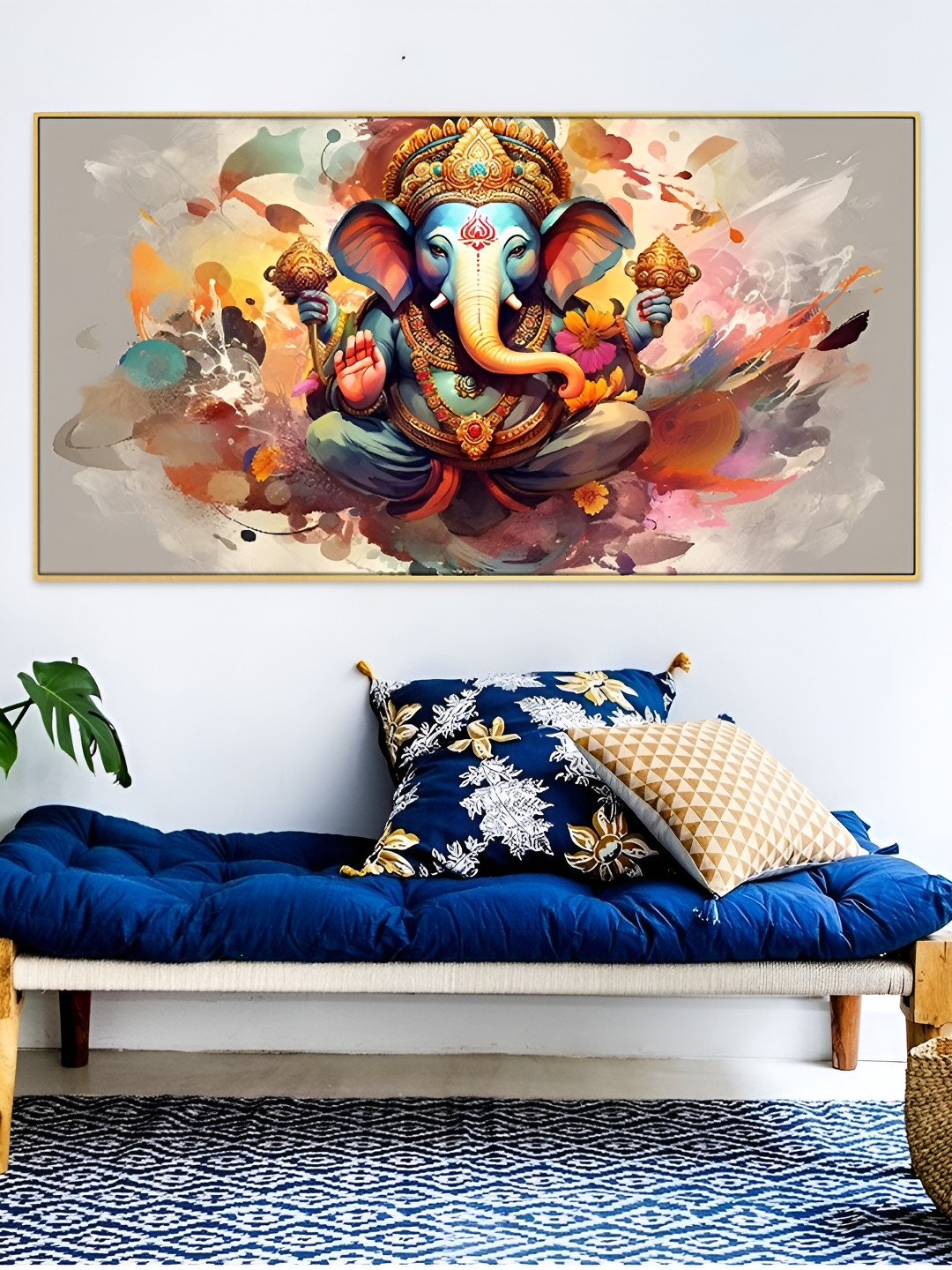DEKORSTATION Blue & Yellow Lord Ganesha Printed Canvas Wall Art