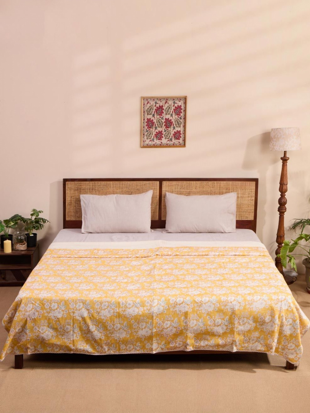 Fabindia Hamza Yellow & White Floral Printed Cotton AC Room Double Bed Dohar