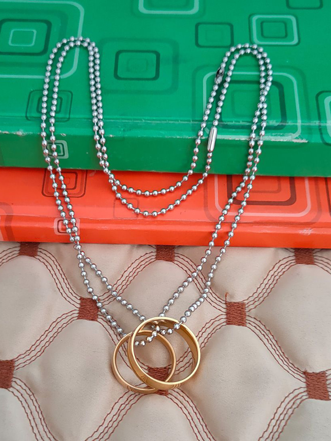 M Men Style Set Of 2  Stainless Steel Gold-Plated Circular Pendants With Chain