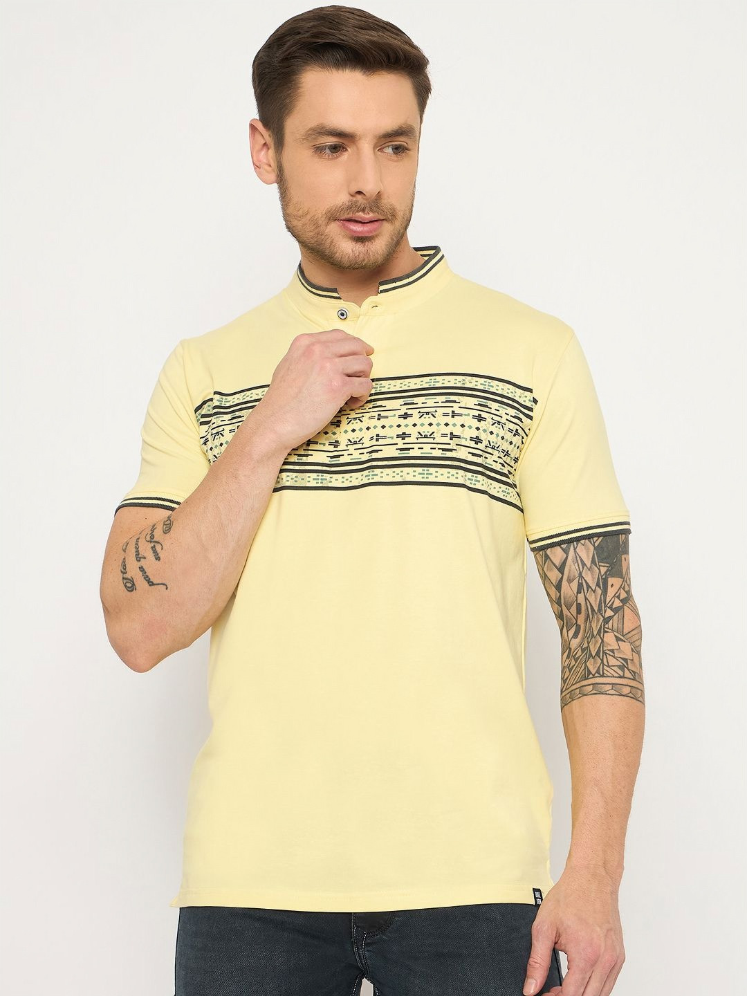 Duke Men Striped Polo Collar Drop-Shoulder Sleeves Applique Slim Fit T-shirt