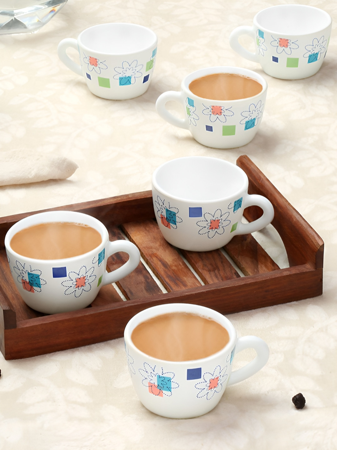 Larah by BOROSIL 3D Wolf Design Skull White Floral Opalware Microwave Safe 6 Piece Cups-140ml