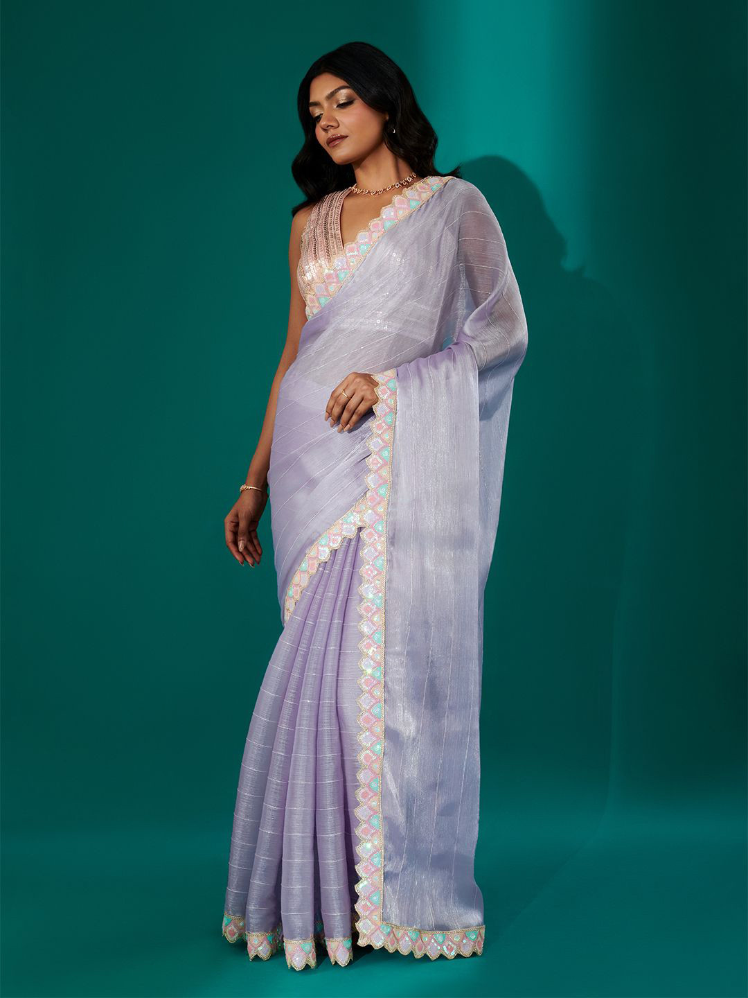 TEEJH Rangeen Lavender Striped Sequinned Embellished Shimmer Tissue Saree