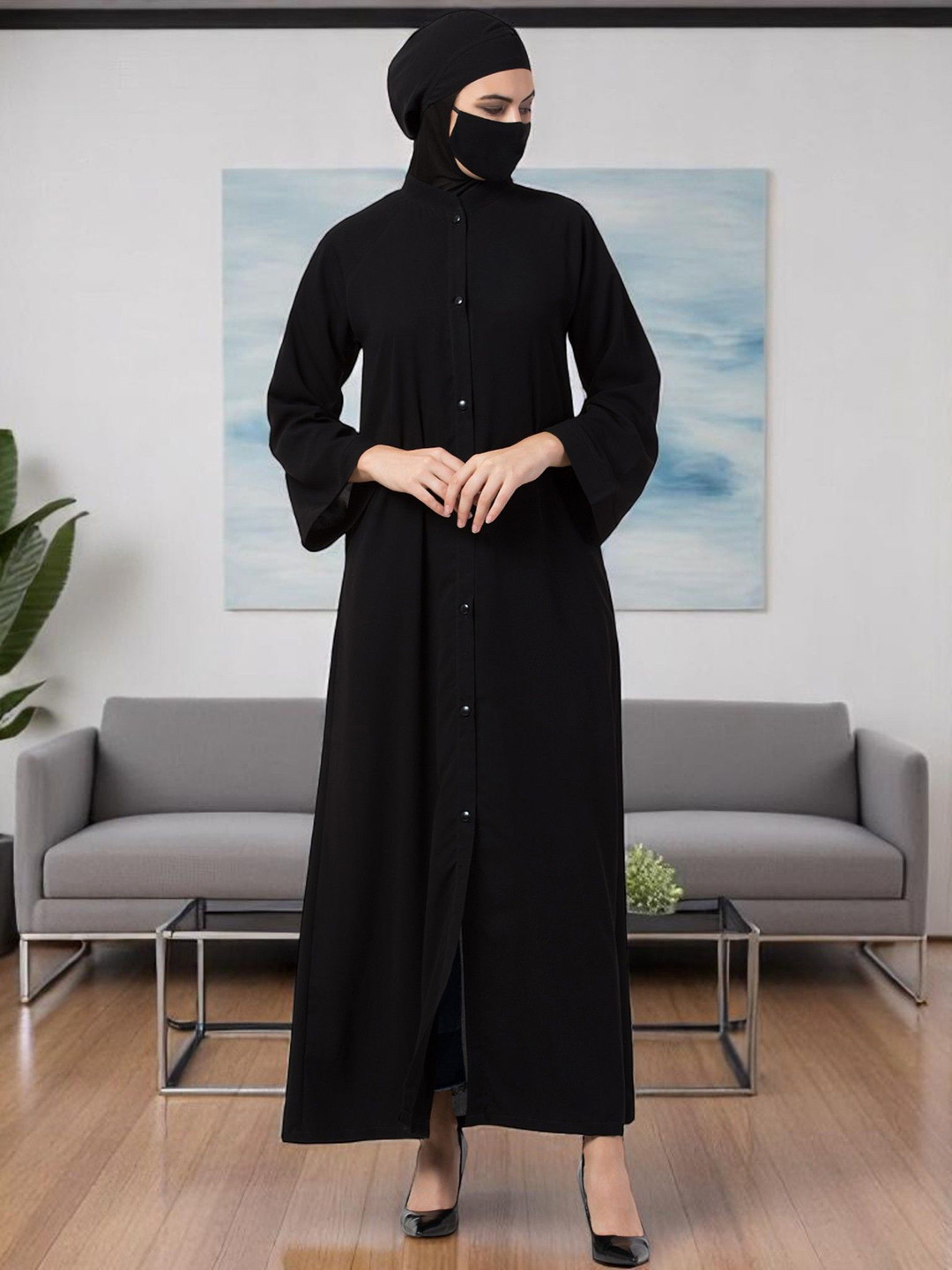 BASHARIYA Front Open Abaya Burqa & Side Pockets With Mouthpiece