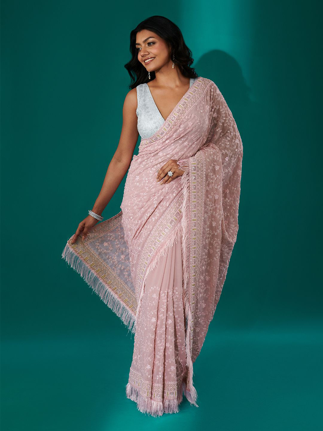 TEEJH Kamla Pink Georgette Saree