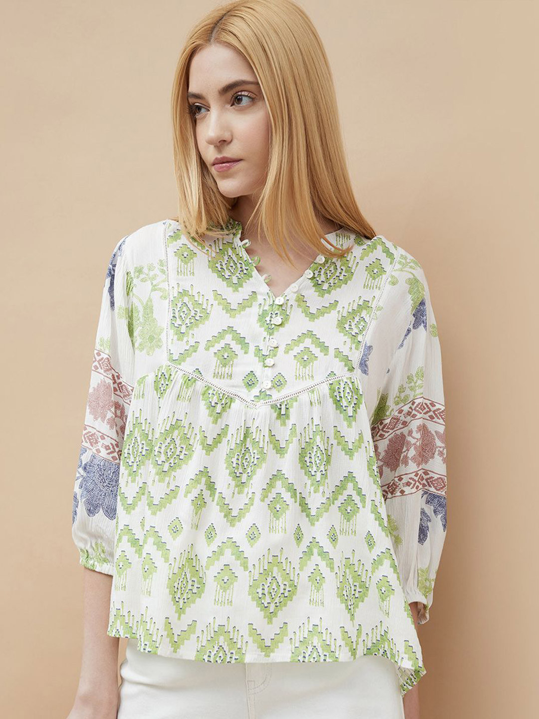 Colour Me by Melange Women Geometric Printed Mandarin Collar High-Low Top