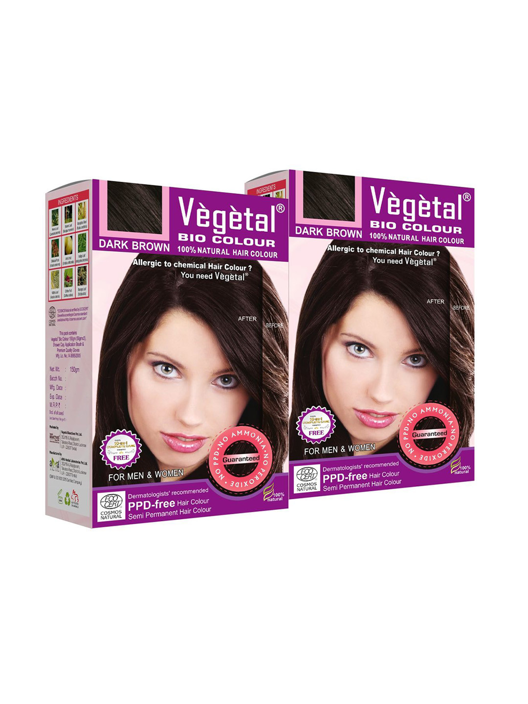 Vegetal Set Of 2 Bio Natural Hair Colour  - 150 g Each - Dark Brown