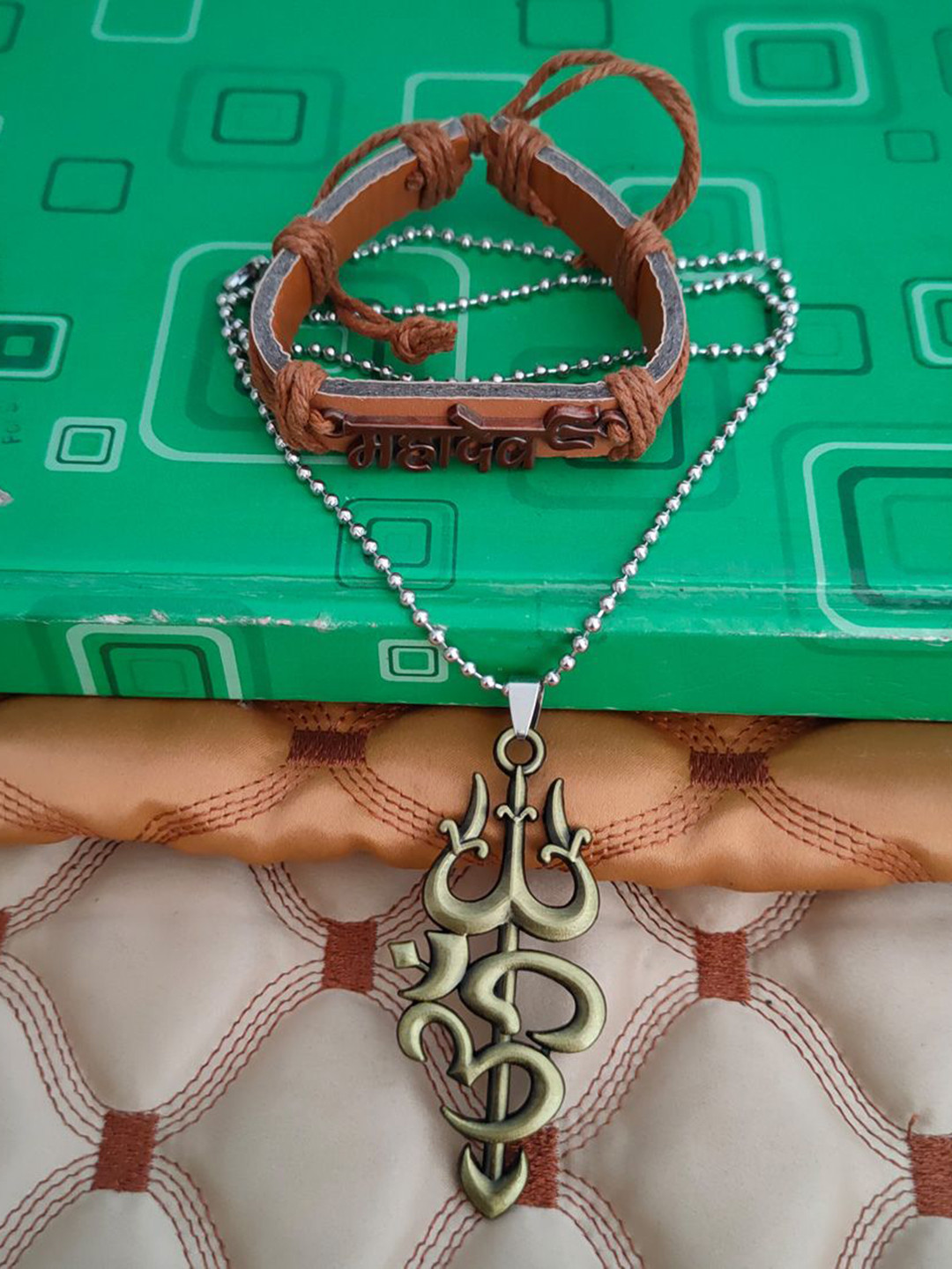 M Men Style Stainless Steel Gold-Plated Mahadev Pendants With Leather Bracelet