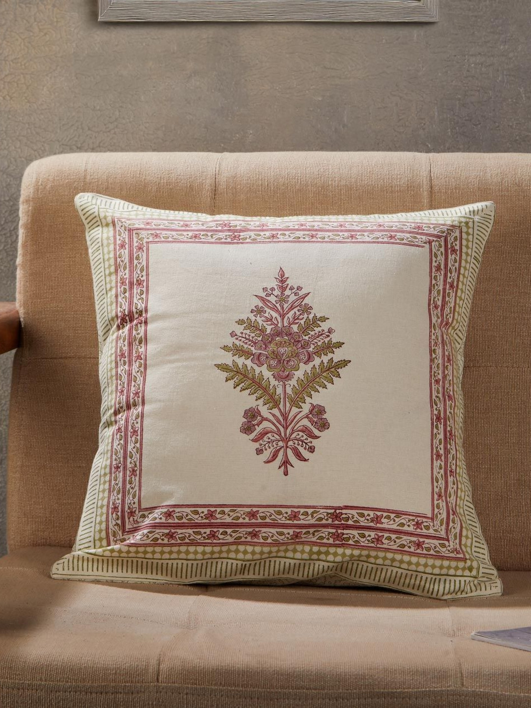 Fabindia Jarul Purple & White Floral Printed Cotton Square Cushion Cover