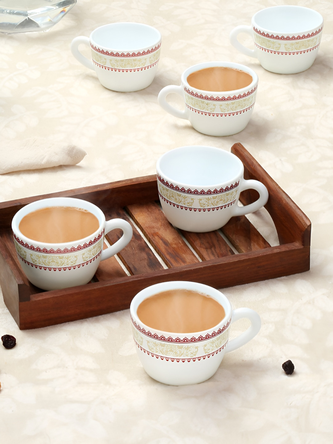 Larah by BOROSIL White & Brown 6 Pieces Printed Opalware Glossy Cups And Mugs 140ML