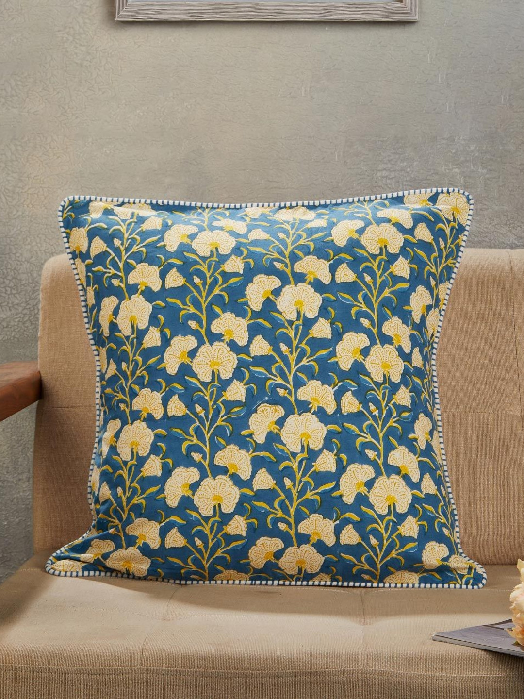 Fabindia Cabana Blue & White Floral Printed Cotton Square Cushion Cover