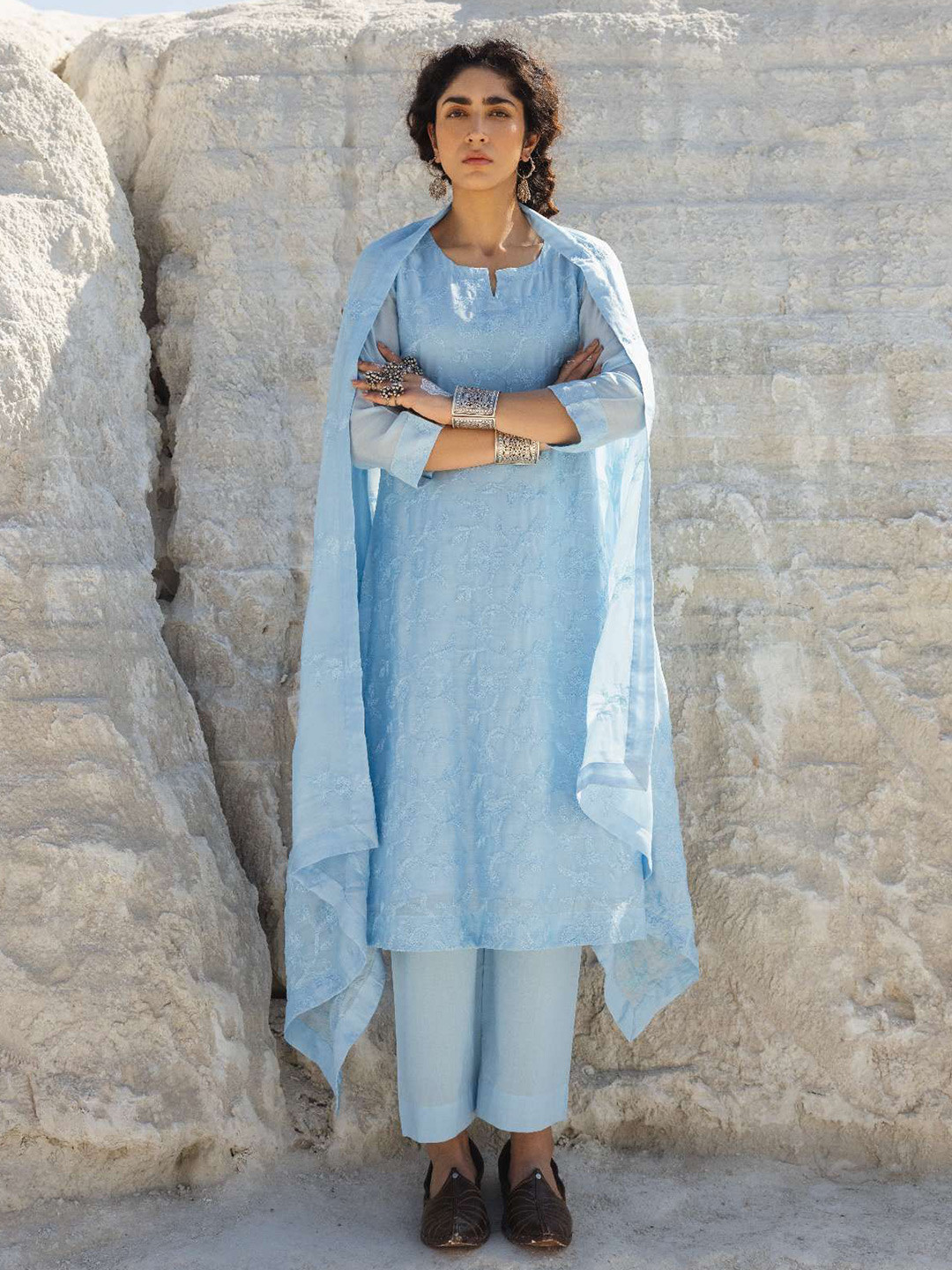 KARAJ JAIPUR Floral Embroidered Mul Chanderi Cotton Kurta With Trousers & Dupatta