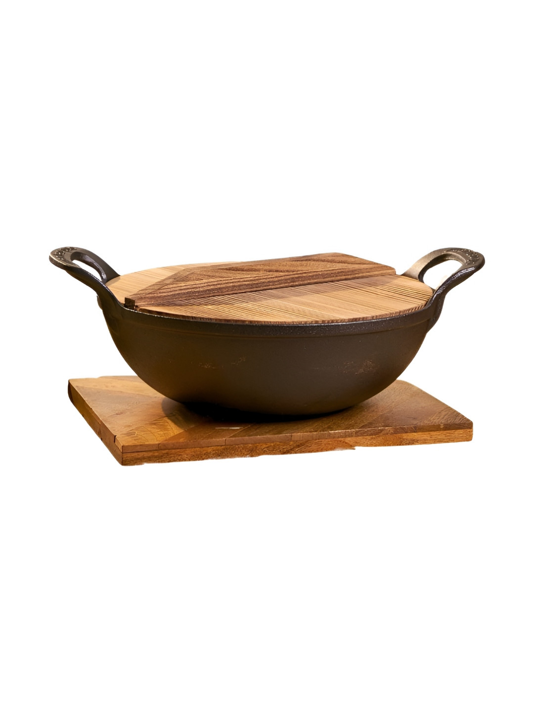 HOMEESSENTIALS Black Non-Stick Cast Iron Kadhai And Wok With Wooden Lid