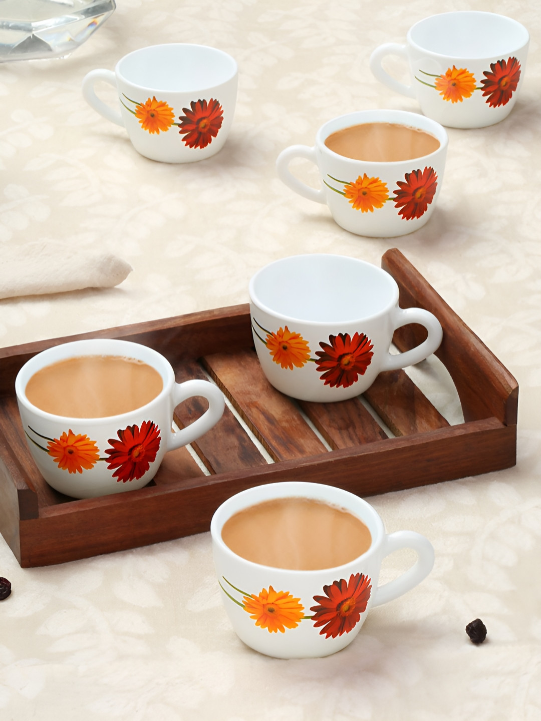 Larah by BOROSIL White Floral Opalware Microwave Safe 6 Piece Cup-140ml
