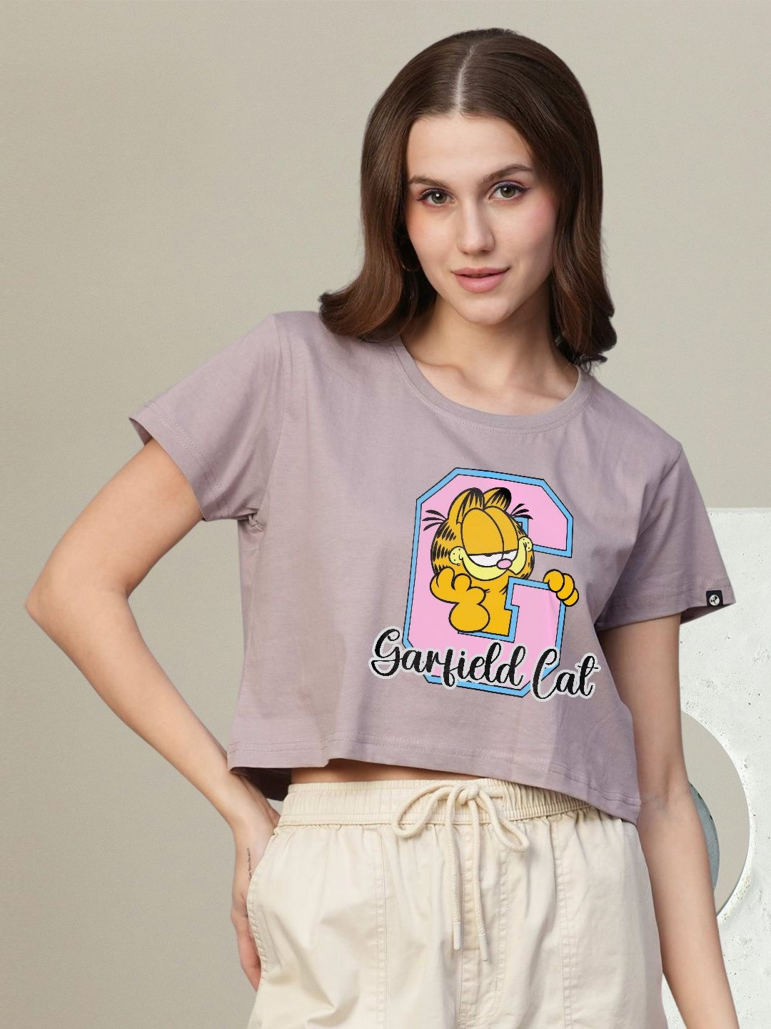 PRONK Graphic Printed Round Neck Relaxed Fit Cotton Crop T-shirt