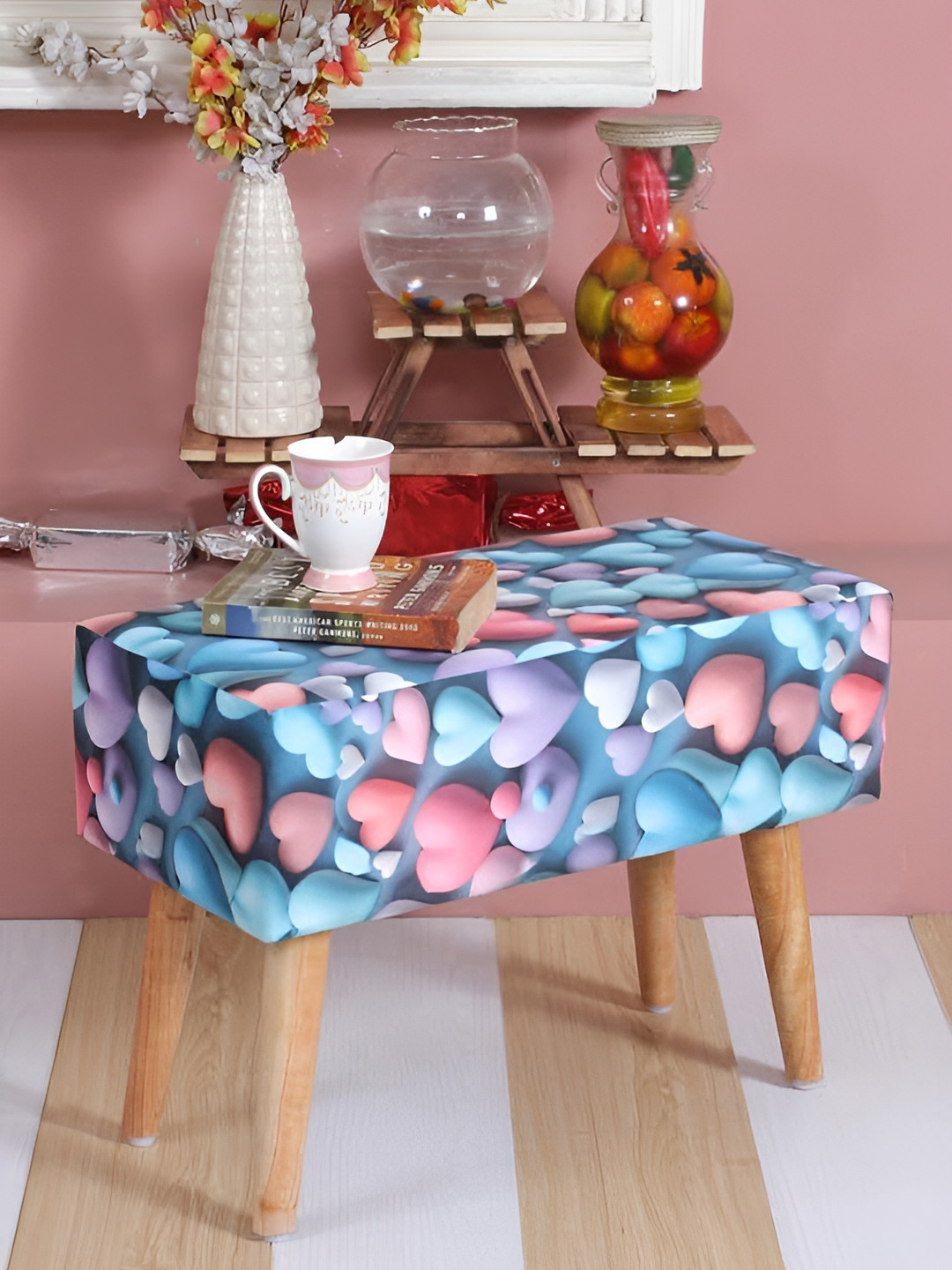 Shadowkart Blue & Pink Printed Wooden Rectangular Bench