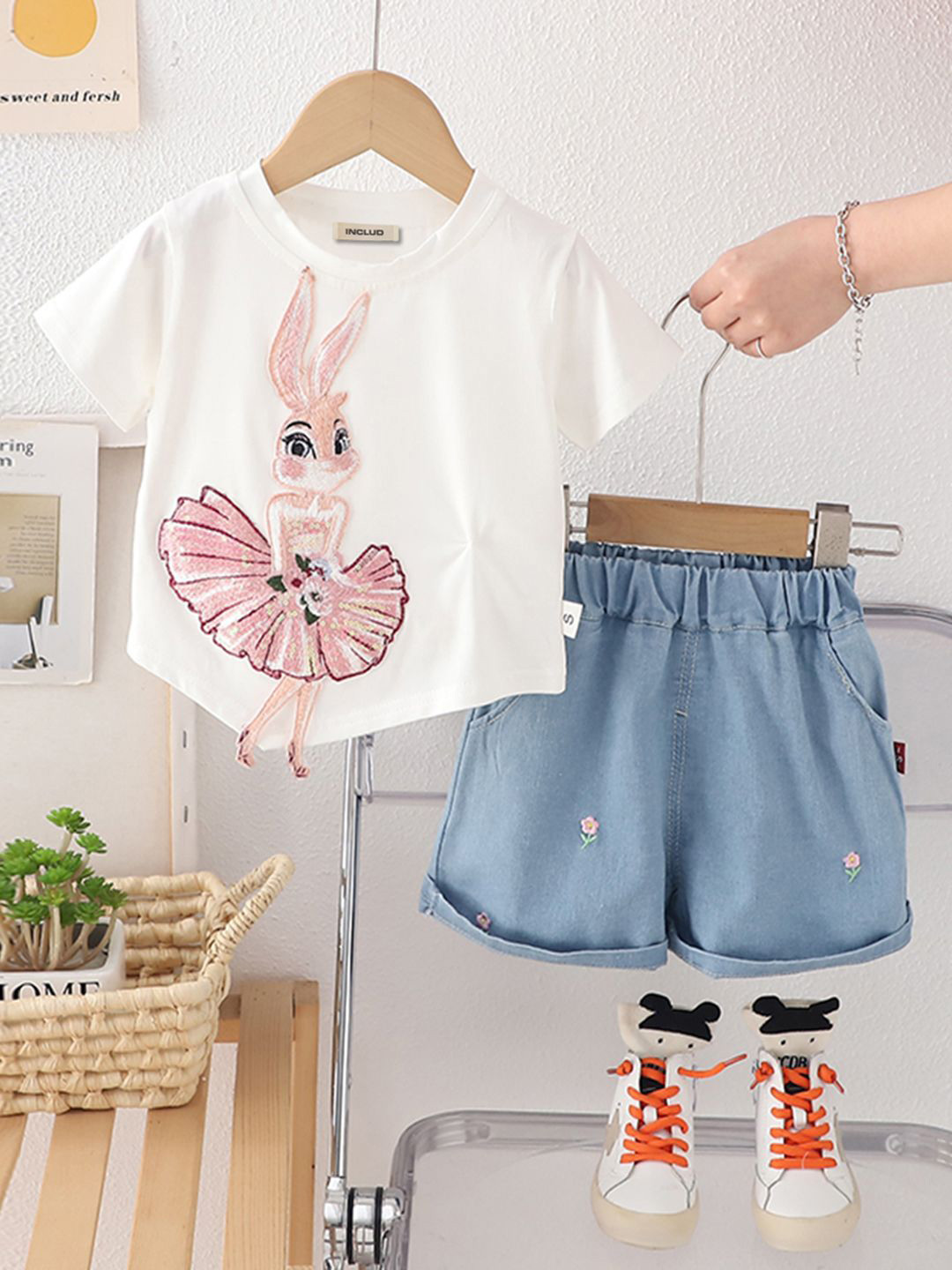 INCLUD Girls Rabbit Embroidered Round Neck T-Shirt With Shorts