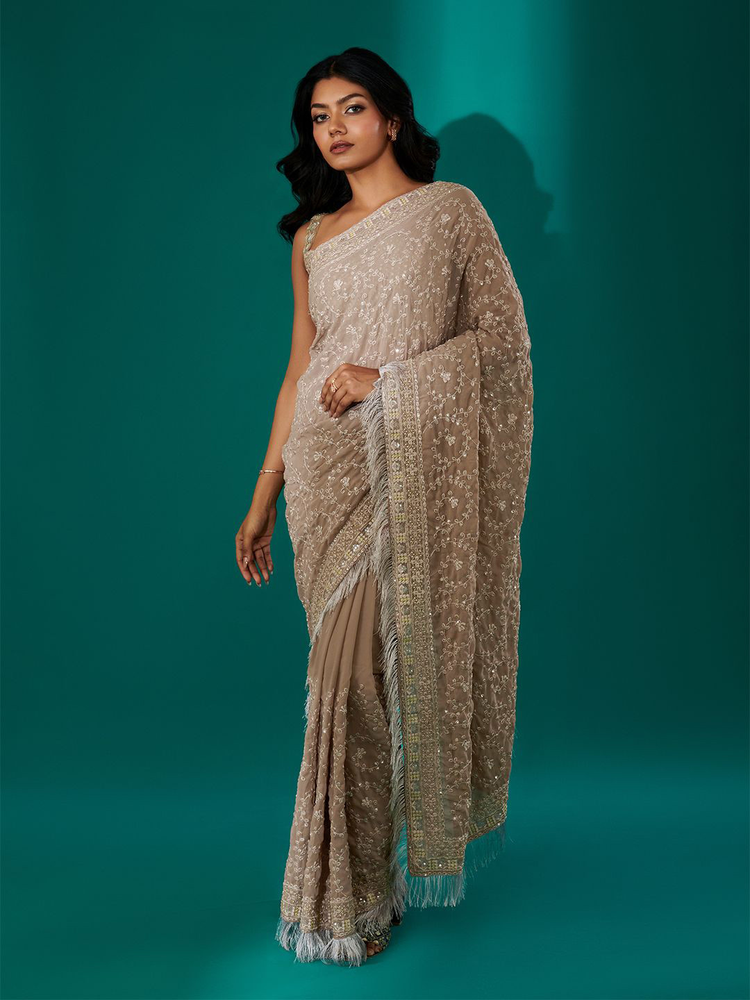 TEEJH Kamla Beige Ethnic Motifs Sequinned Embellished Pure Georgette Saree