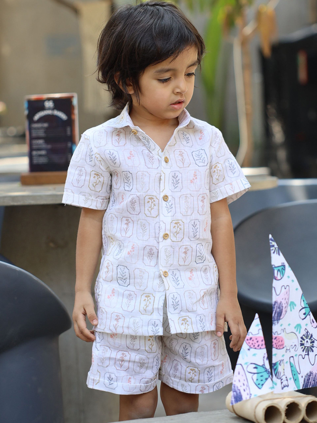 Funny Bones Clothings Boys Arbor Essence Printed Linen Shirt With Shorts