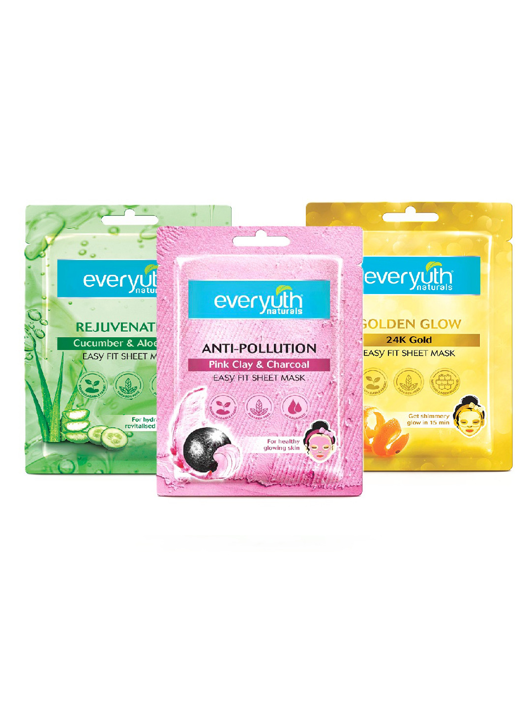 everyuth Naturals Set of 3 Assorted Easy Fit Sheet Masks - 2 Sheets Each