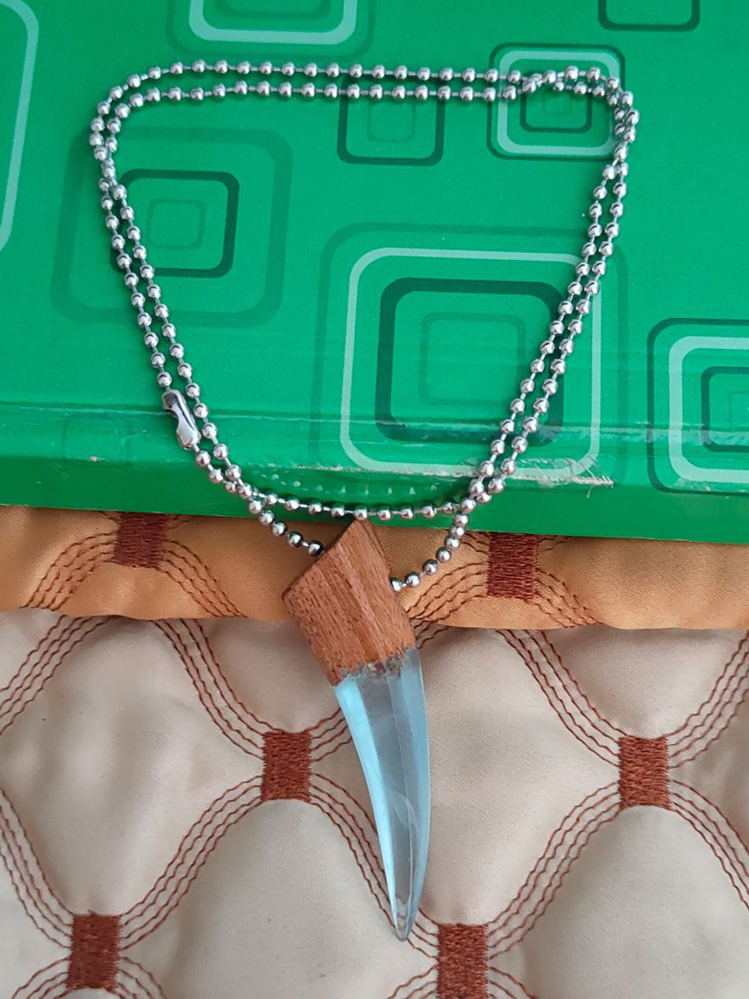 M Men Style Stainless Steel Geometric Long Bar Wood and Green Wood Resin Boho Pendant