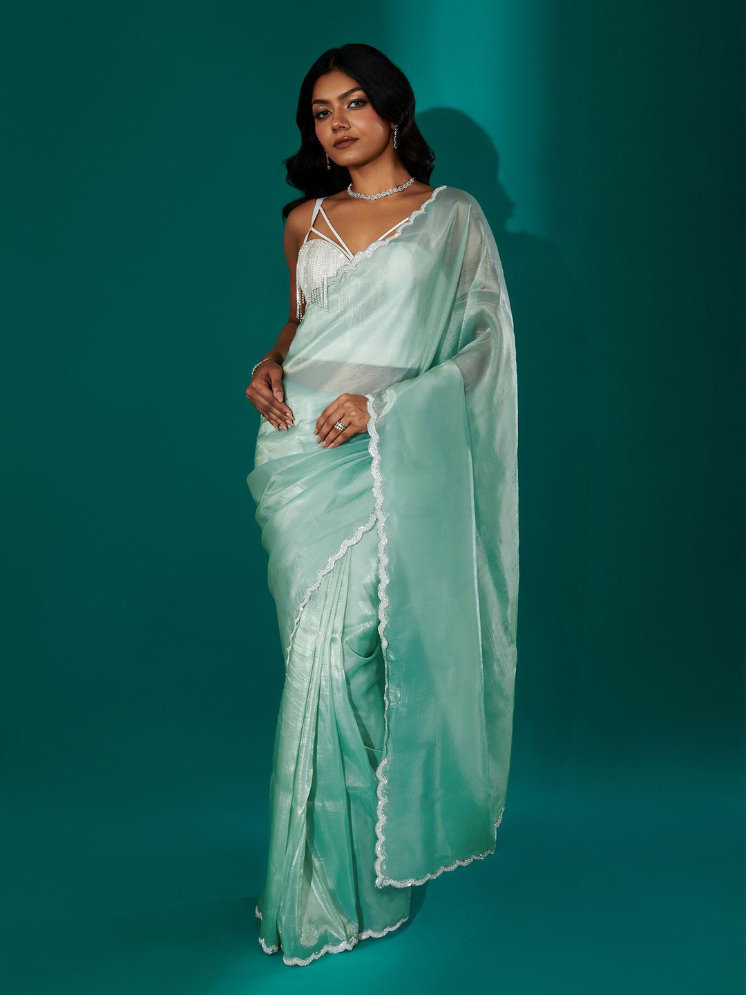 TEEJH Kaanch Sky Blue Shimmer Tissue Saree