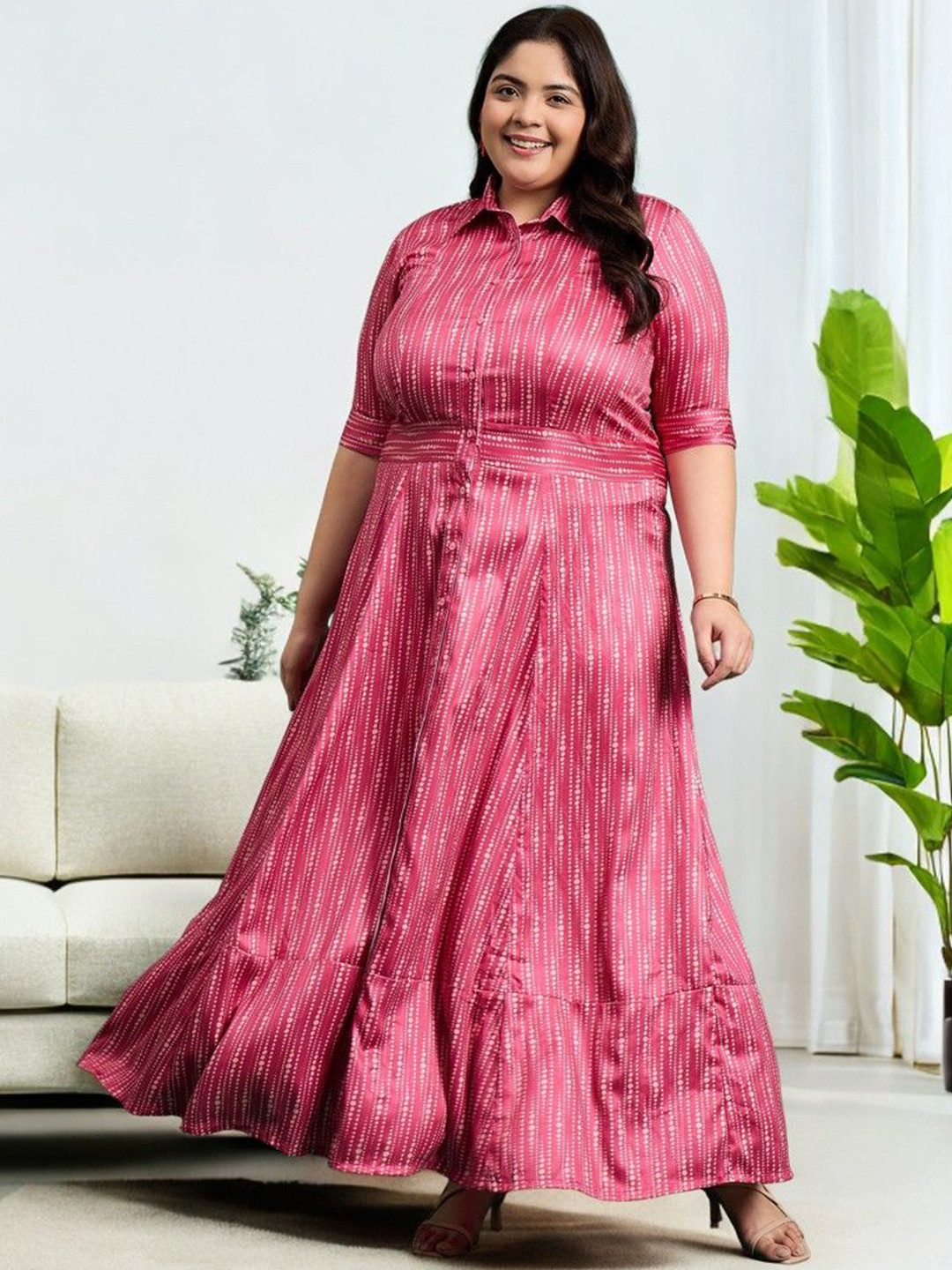 ANJIR Women Plus Size Printed Shirt Maxi Shirt Dress