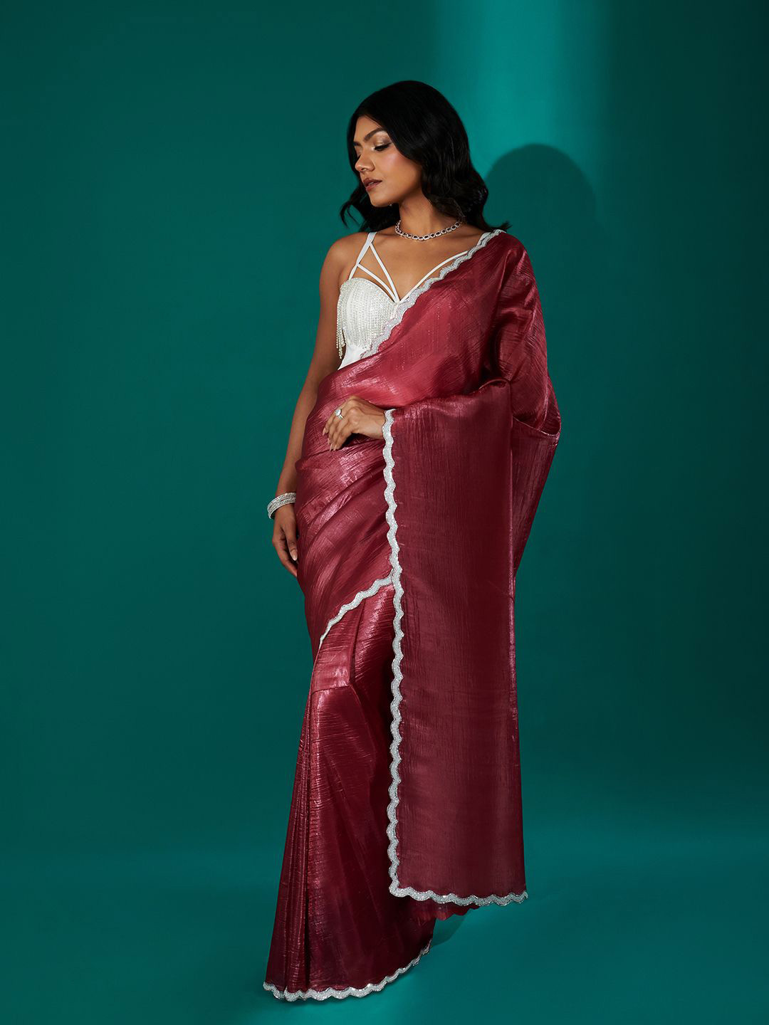 TEEJH Kaanch Brick Red Shimmer Tissue Saree
