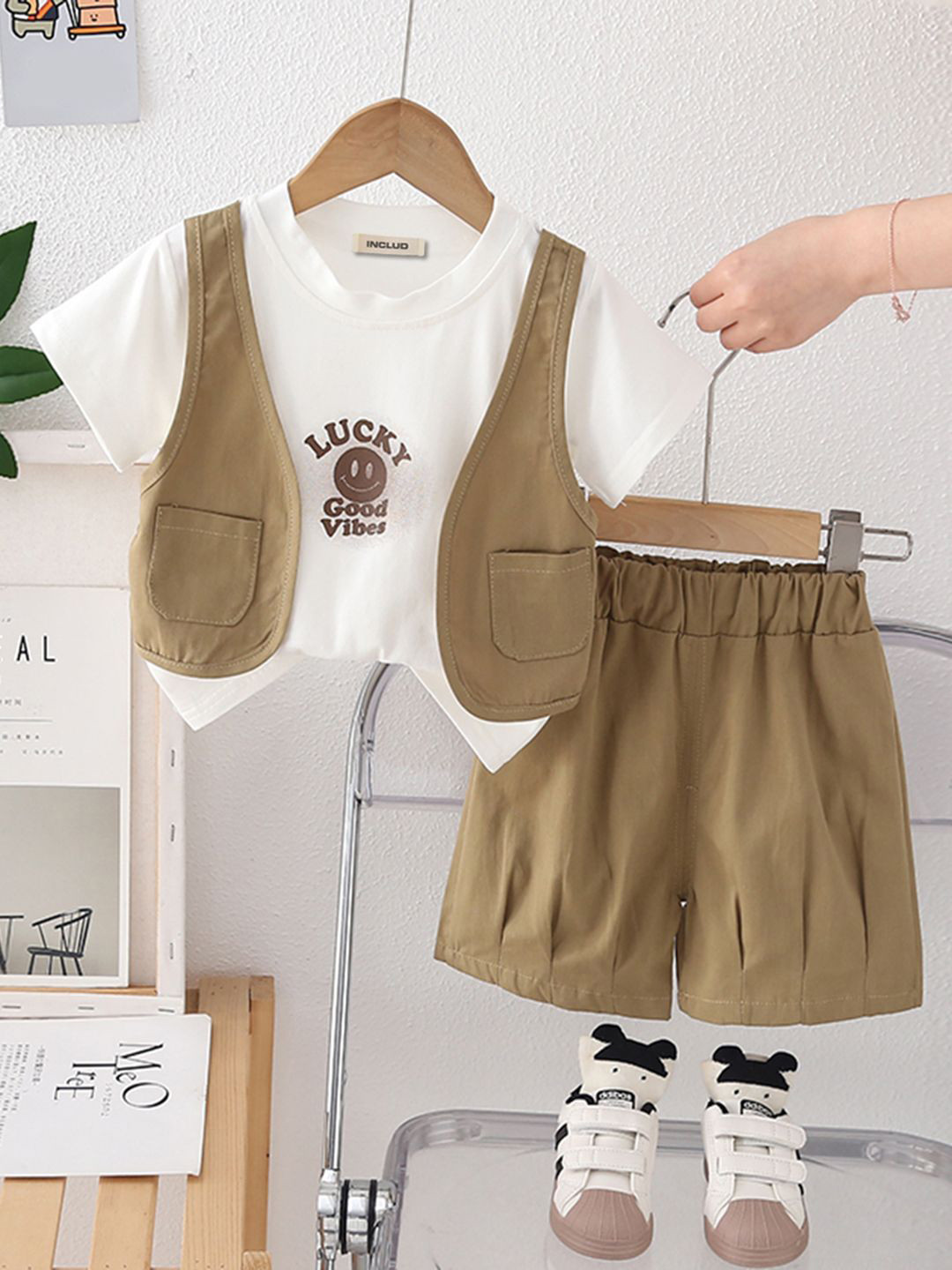 INCLUD Boys Smiley Printed Attached Waistcoat T-Shirt With Shorts