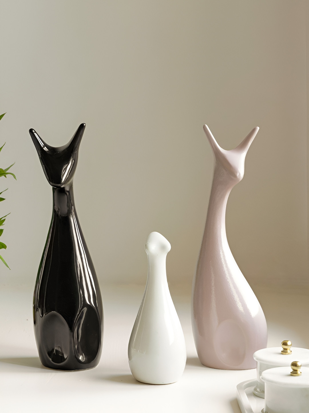 Claymistry Deer Family Black Ceramic Glossy Living Room Set of 3 Medium Showpieces - 6.3 Inches
