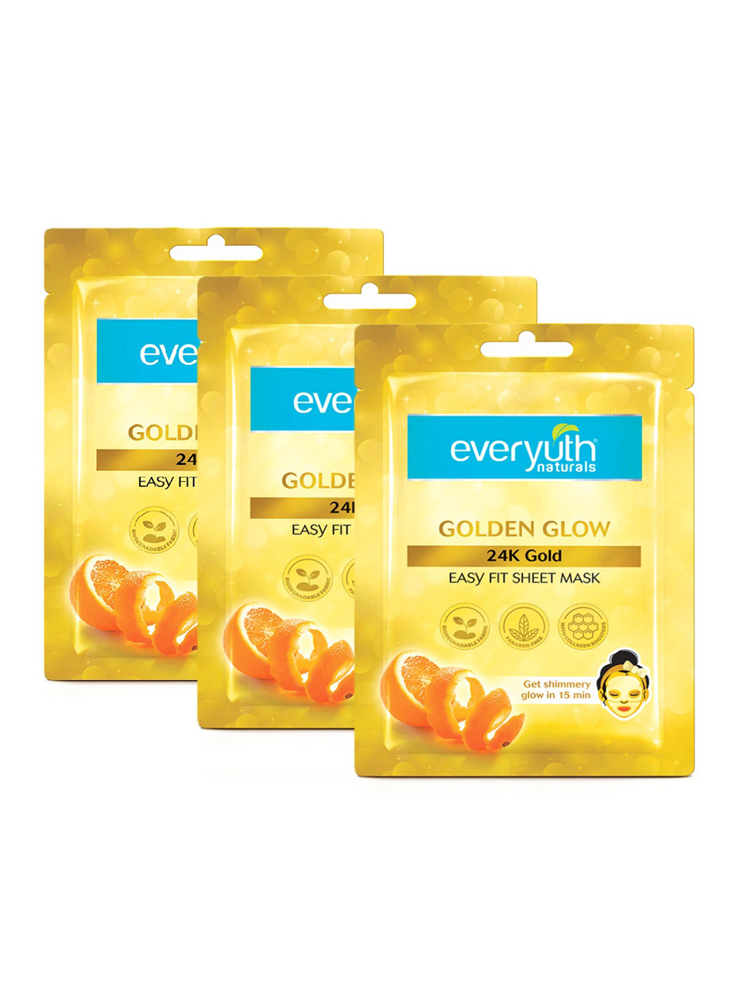 everyuth Naturals Set of 3 Golden Glow 24K Gold Sheet Mask with Collagen Booster - 2N Each
