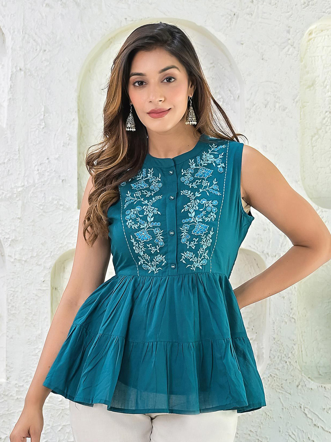 Bada Boota Floral Embroidered Mandarin Collar Cotton Top