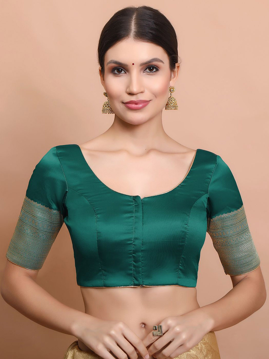 SALWAR STUDIO Woven Designed Silk Round Neck Saree Blouse