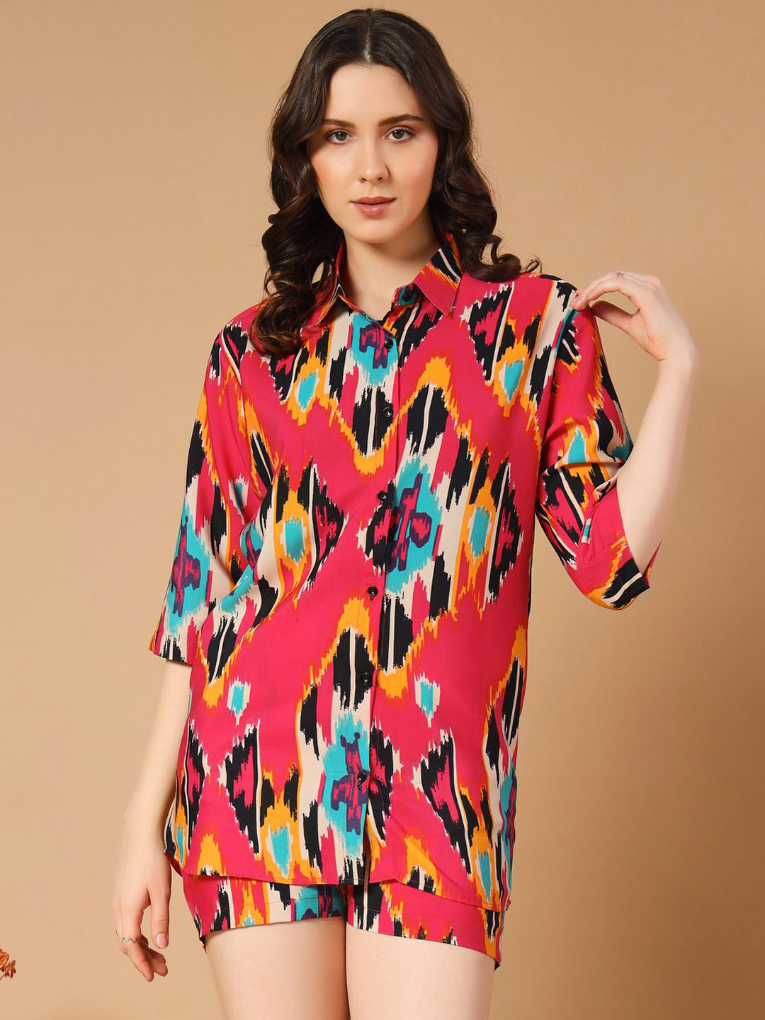 OTABU Printed Shirt Collar Top Shirt With Shorts Co-Ords