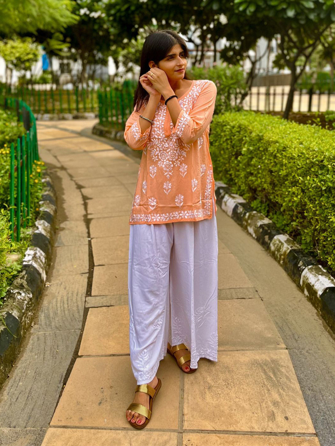 Everything In Chikankari Peach Chikankari Embroidered Short Top
