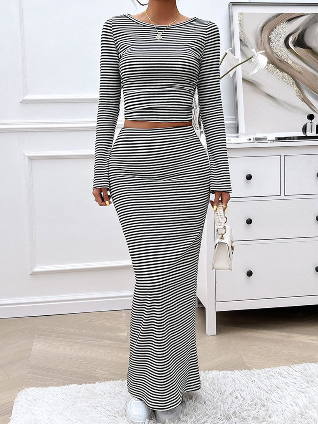 Outzidr Striped Crop Top & Maxi Skirt Co-Ord Set