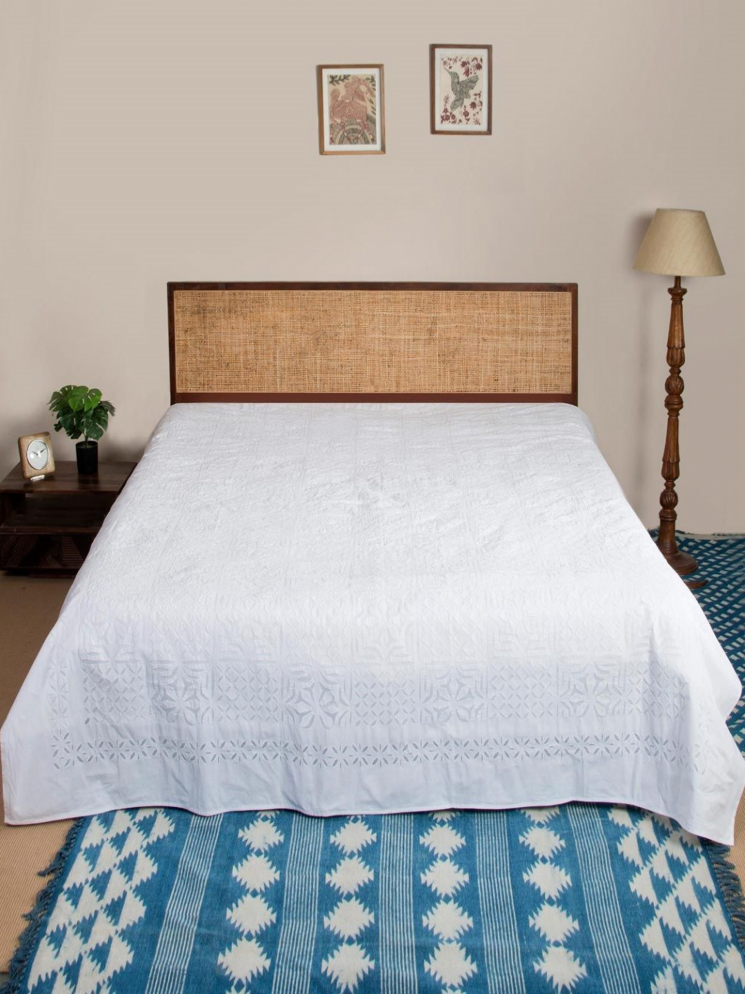 Fabindia White Sangam Applique Embroidered Single SizeBedCover