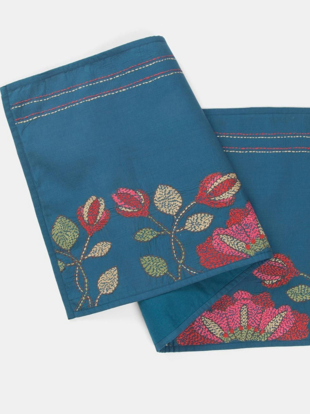 Fabindia Blue & Pink Surekha Kantha Embroidered Pure Cotton Table Runner