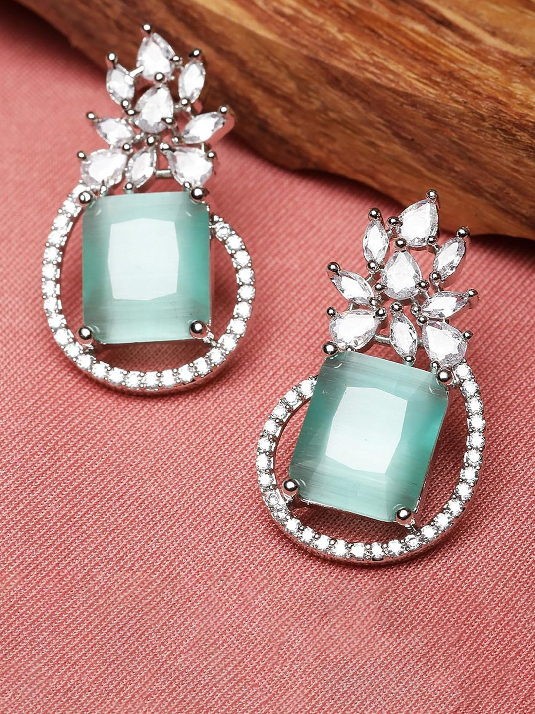 Gemron Jewel Rhodium-Plated American Diamond Studded Contemporary Studs