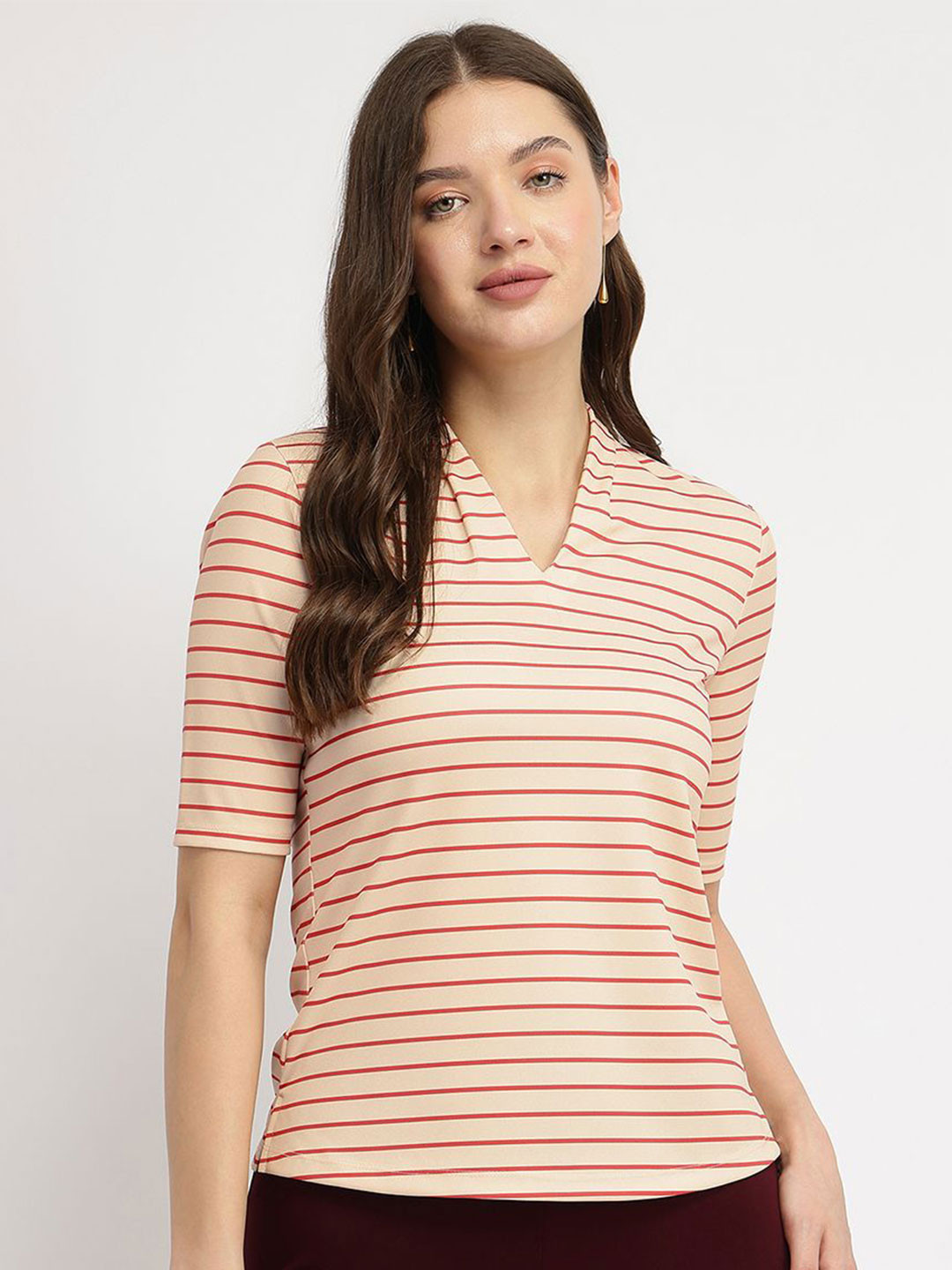 FableStreet Women Striped T-Shirt - Red