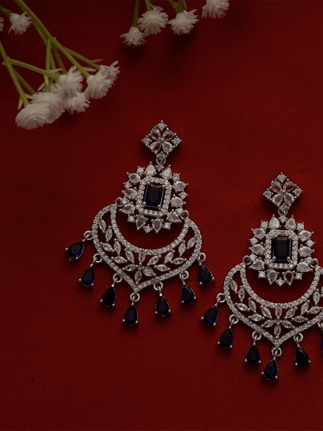 Gemron Jewel Rhodium-Plated American Diamond Contemporary Shapaed Drop Earrings