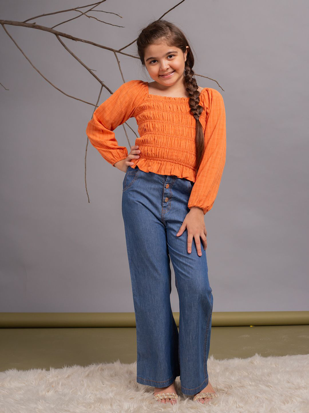 Budding Bees Girls Square Neck Pure Cotton Top With Trousers