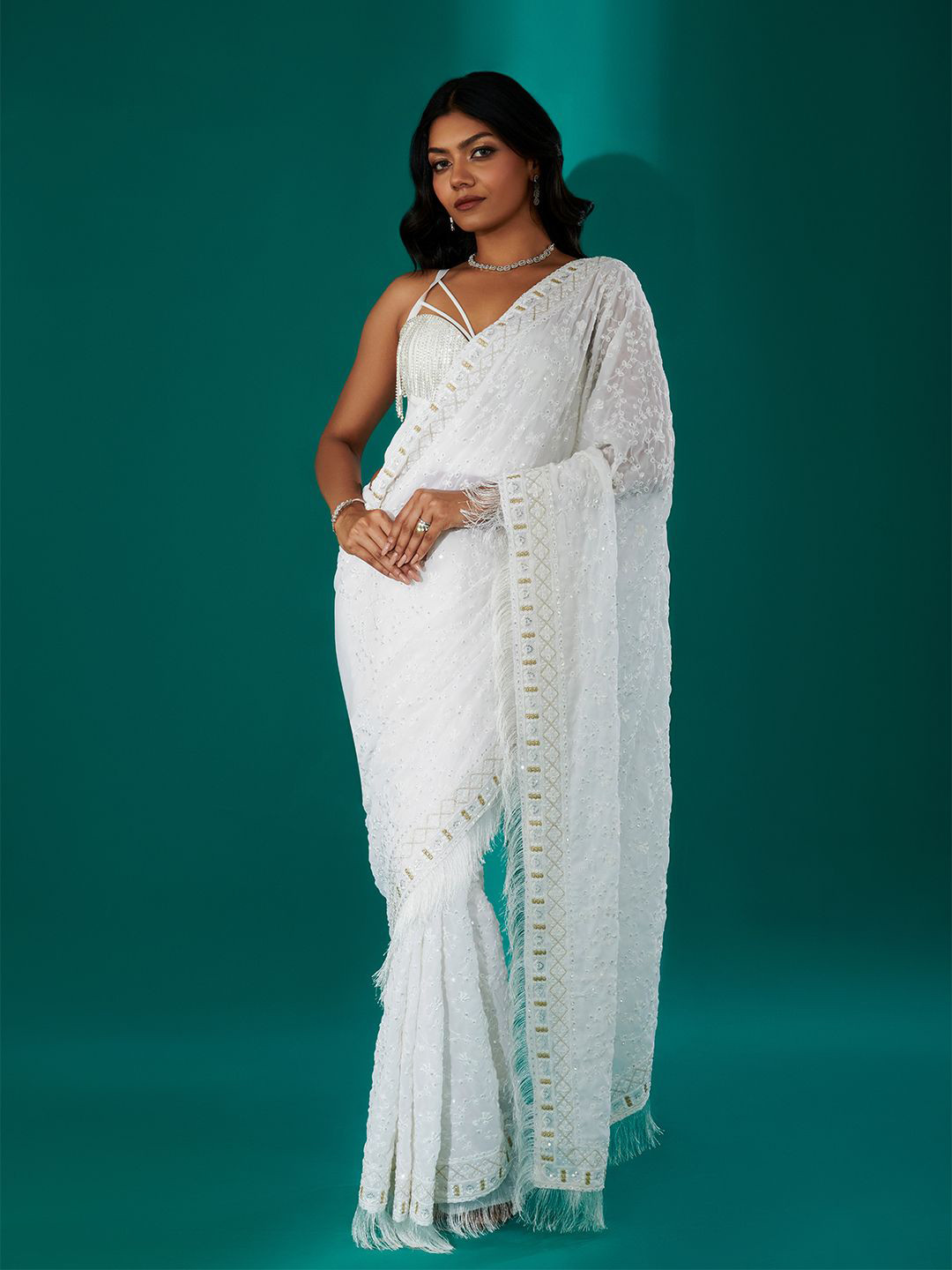 TEEJH Women Kamla Off White Pure Georgette Saree