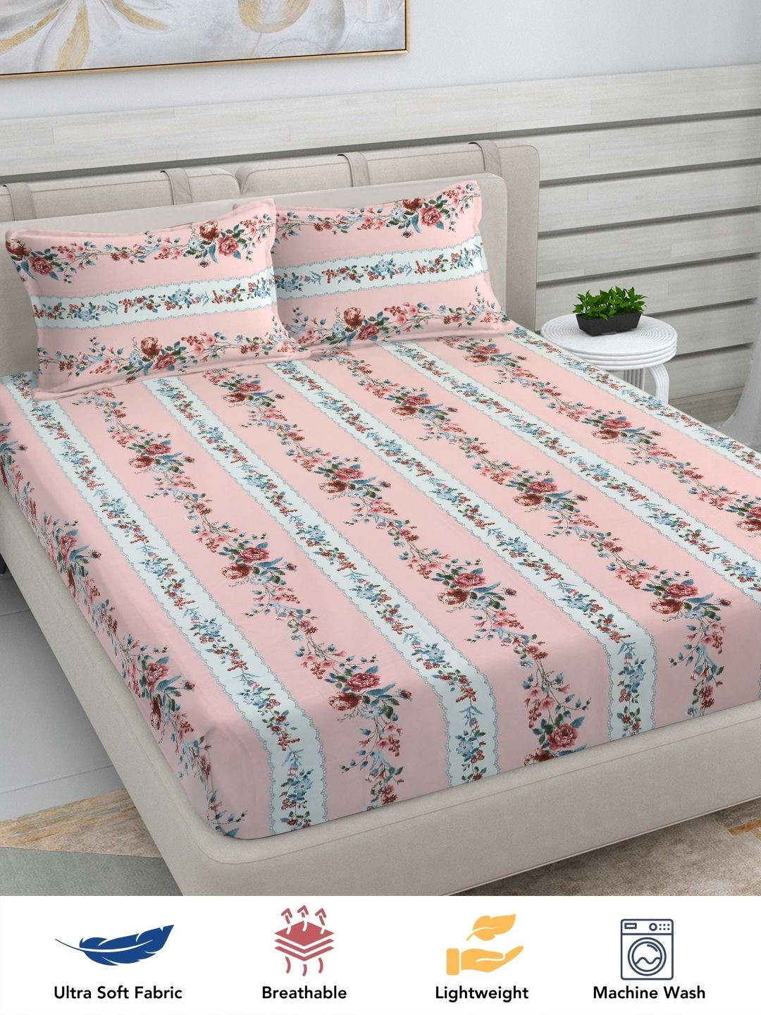 Myntra Elegant Homes Beige Floral Polycotton 300 TC King Bedsheet with 2 Pillow Covers